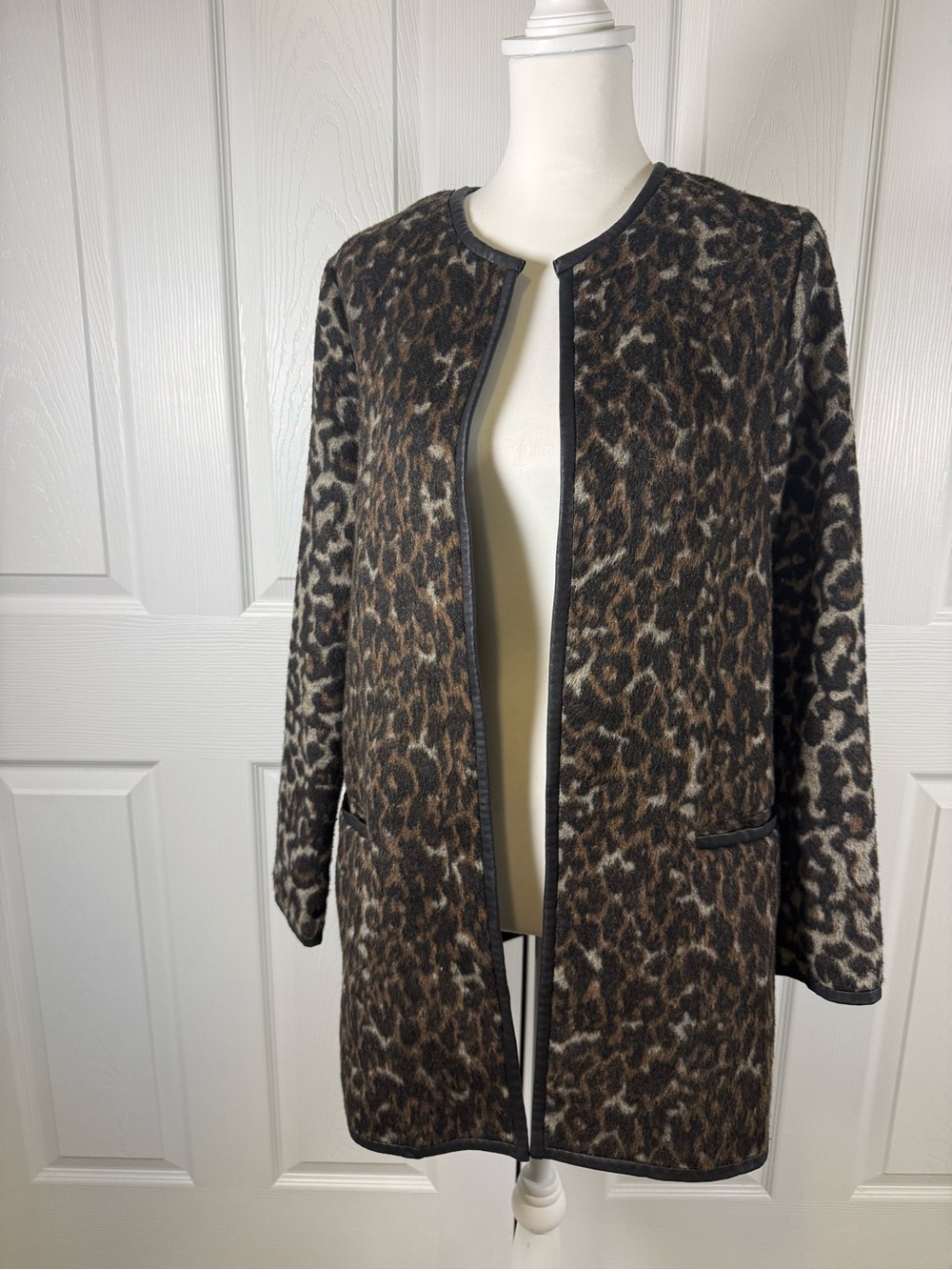 Navy Leopard Print Faux Leather Trim Open Front Topper Coat Small Boho Fall